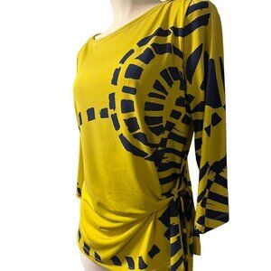 nwt polyester clara sunwoo 3/4 sleeve polyester navy/yellow scoopneck tied waist